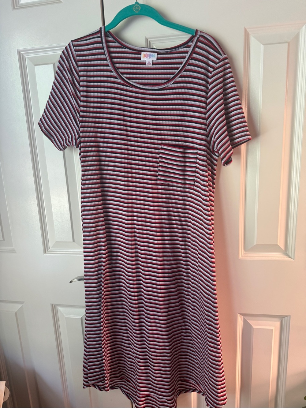 LuLaRoe Striped Scoop Neck Carly Dress in red, White, and Black